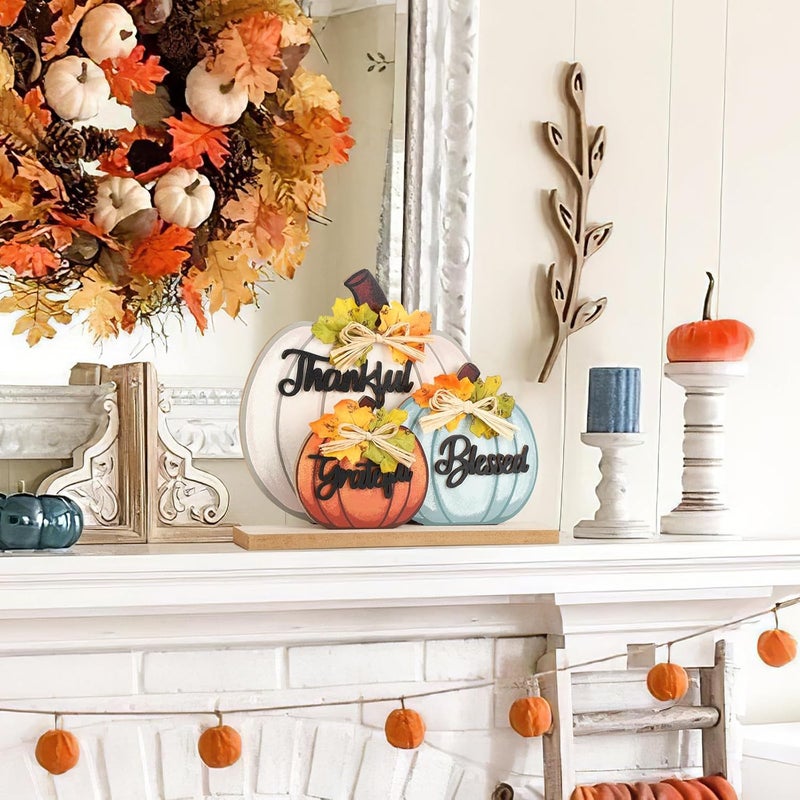 Sophena 3 Pcs Fall Pumpkin Decor Wooden Table Sign Thankful Blessed Grateful Tabletop for Autumn Farmhouse Vintage Thanksgiving Harvest Party Rustic Home Room Table Shelf Halloween Decorations - Image 4
